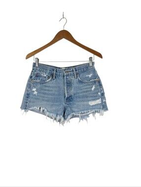 Agolde Parker Cotton Denim Shorts Distressed Button Fly Cut Off Raw Hem Size 26